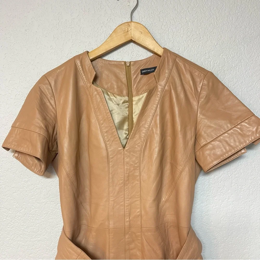 Karen Millen Lamb Leather Forever Short Sleeve Pencil Midi Dress Tan Brown Sz 6 - Picture 4 of 6